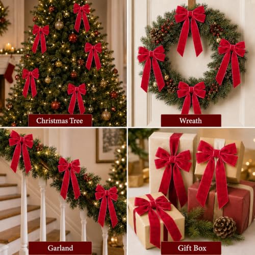 Red Velvet Christmas Bow Set — 24 Pack, 5.1 x 10.2 in, Pre-Tied