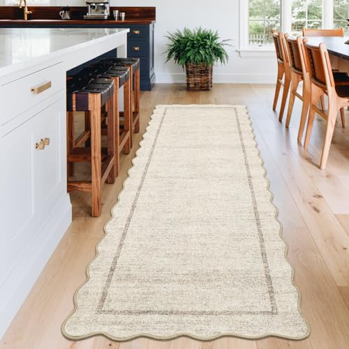 Scalloped Washable Runner Rug 2x6, Non-Slip Beige Kitchen & Hallway Rug