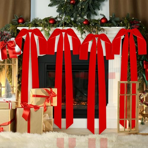 Aneco Red Velvet Christmas Bows, 6-Pack 35 x 16 in | Pre-Tied Swags for Wreaths, Doors, Staircase