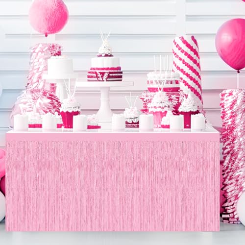 2-Pack Pink Foil Fringe Tinsel Table Skirt for Party Decorations 29.5x108in
