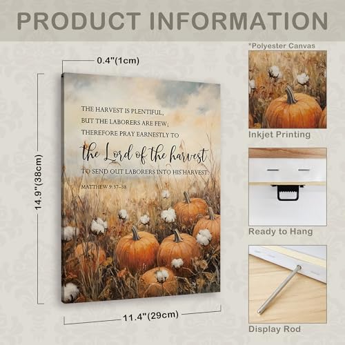 Rustic Fall Pumpkin Canvas Wall Art, Christian Bible Verse Autumn Decor 11x15