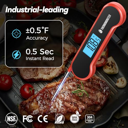 ThermoMonster Red Instant Read Meat Thermometer - 0.5 Sec Digital Cooking Thermometer