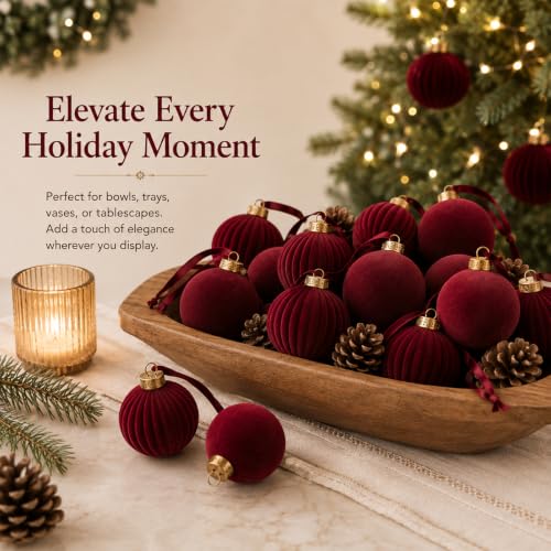 Pinkunn 24 pcs Burgundy Velvet Christmas Ornaments 2.36 Inch - Elegant Holiday Decor Set