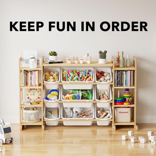 9-Bin Toy Storage Organizer with Wooden Shelving for Kids Playroom