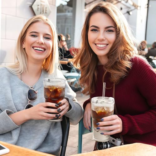 20 oz Ribbed Glass Tumblers with Lids and Straws, 4-Pack Iced Coffee Cups