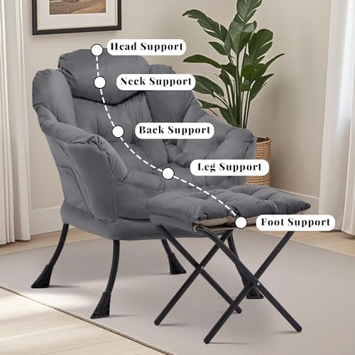 Lazy Reading Chair with Foldable Ottoman and Side Pocket, Dark Grey
