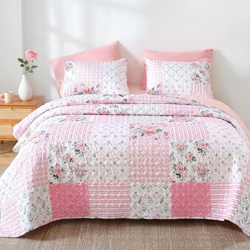 YIKUSH Pink Floral Quilt Set Queen Size - 3 Piece Lightweight Bedspread