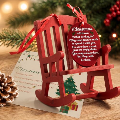 HOUYAN Red Christmas Memorial Wooden Rocking Chair Ornament with Tag & Card