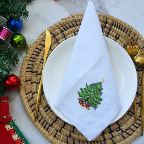 HCRAFT Christmas Tree Embroidered Cotton Napkins Set of 4, 18x18 Inches - Festive Cloth Tableware