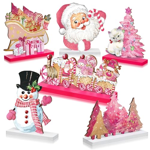 Pink Wooden Christmas Centerpieces - Set of 6 Holiday Table Decorations