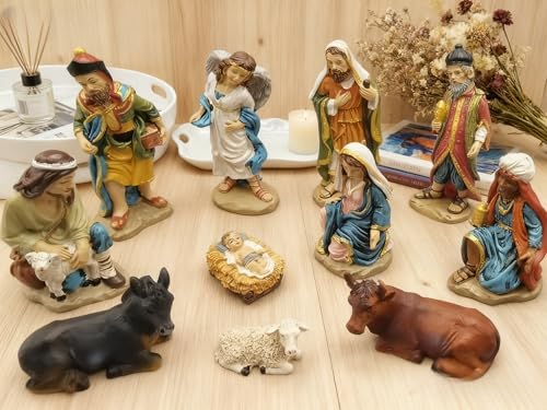11-Piece Hand-Painted Nativity Set - Resin Holy Family Christmas Figurines