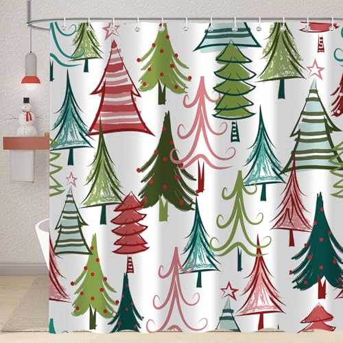 Moyrisou Colorful Pine Tree 72x72 In. Christmas Shower Curtain - Xmas Holiday Bathroom Decor
