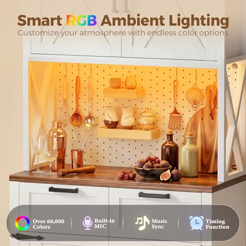 71" Tall Kitchen Pantry Cabinet with Microwave Countertop, Charging Station & LED