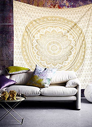 Boho Mandala Tapestry Wall Hanging - White Gold Bedroom Decor (30x40 Inches)