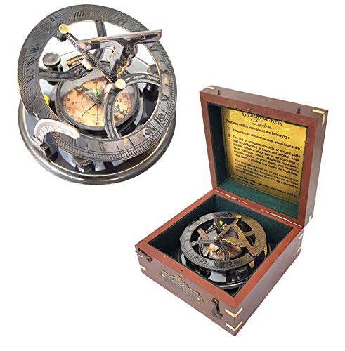 5-Inch Vintage Brass Sundial Compass in Handcrafted Rosewood Gift Box
