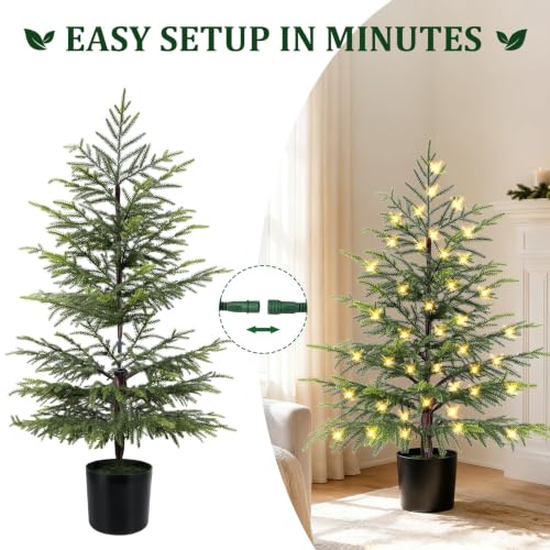 Enven 3ft Norfolk Pine Artificial Christmas Tree with 50 LED Lights & 8 Modes - Potted Holiday Decor (Single Pack)
