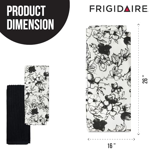 2-Piece Cotton Kitchen Towel Set - 16 x 26 Inch Dish Towels, Black Floral