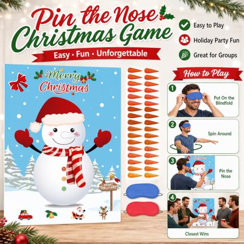 Christmas Snowman Pin the Nose on the Snowman Game with 36 Nose Stickers - Includes Blindfolds (Variation: Christmas Snowman)