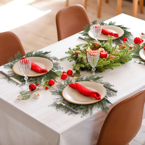 Christmas Pine Needles Placemat Set of 6 - Artificial Wreath Charger for Festive Table Decor