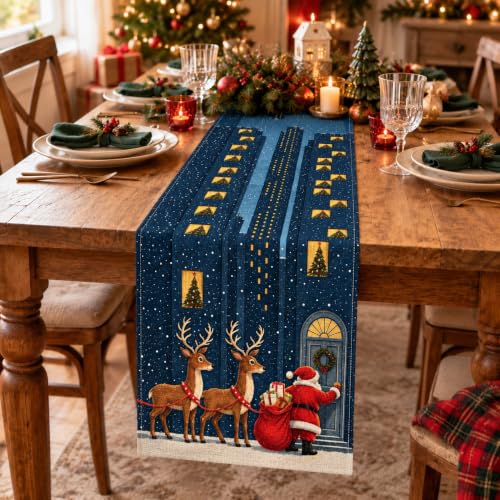 Bigwish Christmas Night Santa Reindeer Table Runner 13 x 90 Inch Holiday Decor