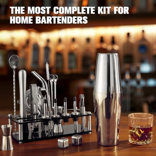 KINGROW Silver Cocktail Shaker Set 23-Piece Bartender Kit with Stand, Professional Bar Tools
