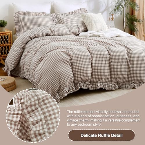 Tan Gingham Ruffle Duvet Cover Set - Queen 100% Washed Cotton Bedding