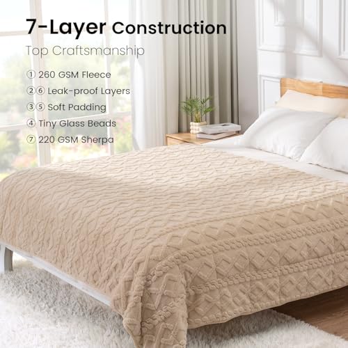 15lb Queen Size Weighted Blanket - Soft Jacquard Sherpa Beige Throw