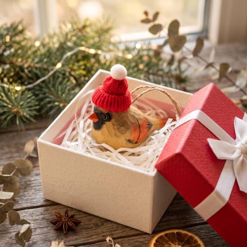 Hand-Carved Wooden Cardinal Ornament with Red Knit Hat - Gift Boxed