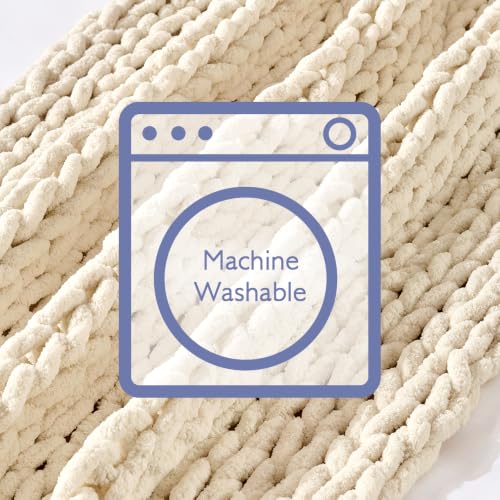 Chunky Chenille Knit Throw Blanket, Soft Hand-Knit Decorative Sofa Throw, Beige