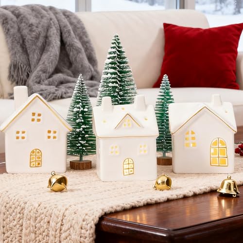 DN DECONATION 6PCS Christmas Village Houses Decorations Set, Light Up White & Gold Ceramic Houses and Frosted Christmas Trees, Small House Village Set with Lights for Tabletop Winter Xmas Decor Town