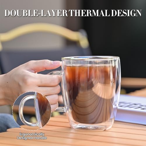 YUNCANG 4-Pack Double Wall 16oz Glass Coffee Mugs - Heat-Resistant, Clear with Handle