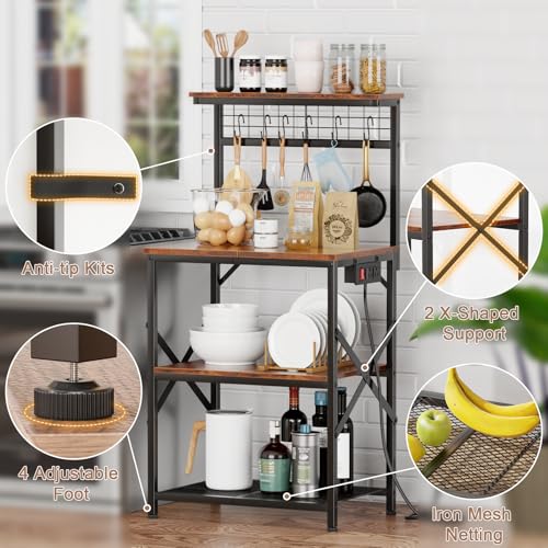 4-Tier Kitchen Baker's Rack with Power Outlet & Coffee Bar Stand, Rustic Brown