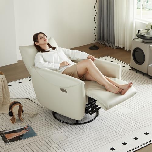 Power Recliner Glider Rocker Chair with 270° Swivel, Beige Leather