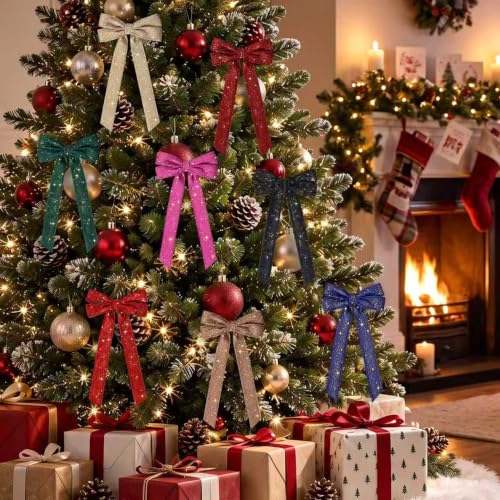 RRKTP 12Pcs Red Velvet Glitter Star Dot Bows 5x10in Holiday Decor