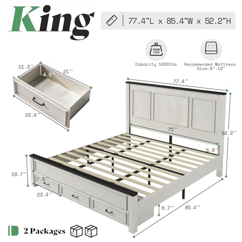 5-Piece Farmhouse King Bedroom Furniture Set with Storage Bed and Charging