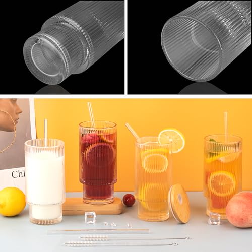8-Piece Ribbed Glass Cup Set with Bamboo Lids and Straws, 11oz Stackable