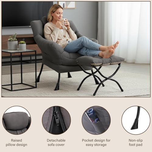 Ergonomic Lazy Lounge Chair with Foldable Ottoman, Dark Grey