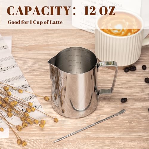 Stainless Steel Milk Frothing Pitcher 12oz with Latte Art Pen & Scale
