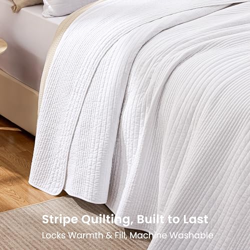 Love's Cabin Queen Cotton Quilt Set - Striped Textured White Coverlet