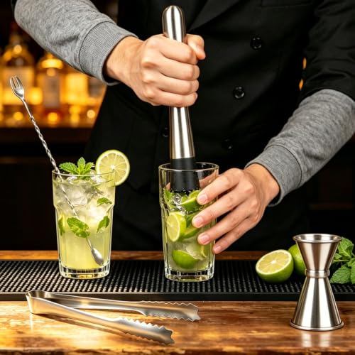 Silver 4-Piece Cocktail Bar Tool Set with Muddler, Jigger, Spoon & Tongs