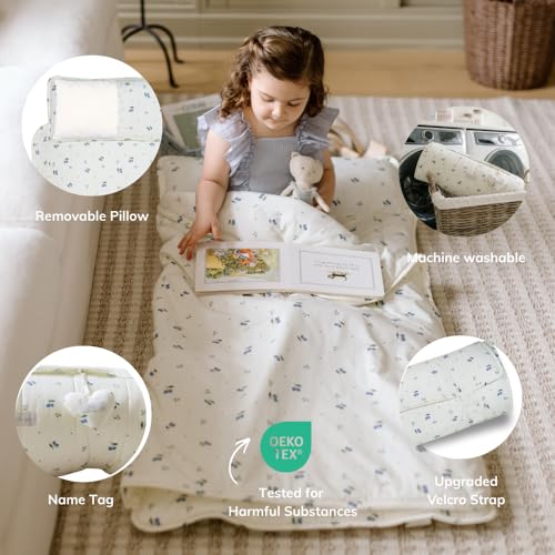 Organic Cotton Toddler Nap Mat with Removable Pillow and Attached Blanket