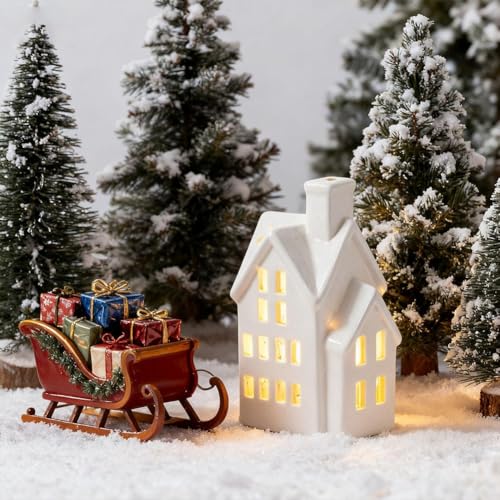 LED Lighted Ceramic White Christmas Village House Tabletop Figurine