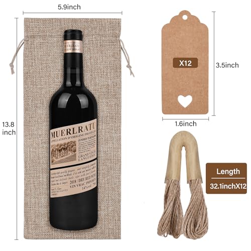 12-Pack Burlap Wine Gift Bags with Drawstring, Tags, and Jute Rope