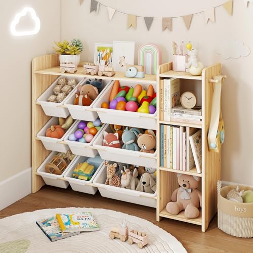 Kids Toy Storage Organizer with Bookshelf, 9 Bins and Hooks, White