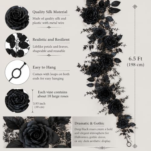 Artificial Black Rose Garland 2-Pack - 6.5ft Silk Vine Gothic Decor