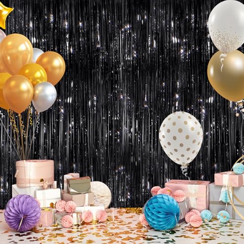 2-Pack Black Foil Fringe Curtains - Metallic Tinsel Backdrop for Parties