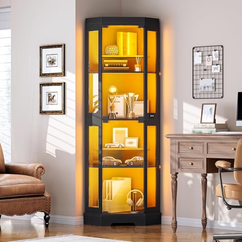 6-Tier Corner Display Cabinet with Glass Doors and LED Lighting
