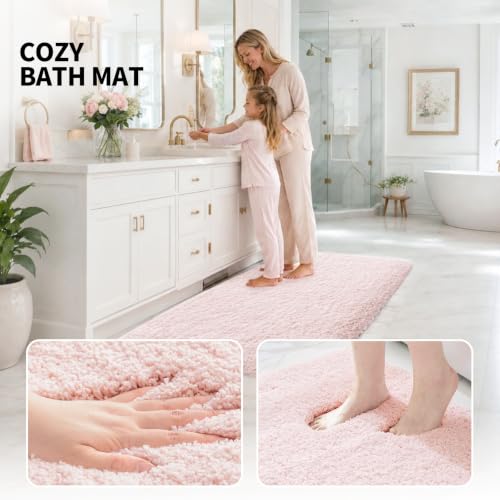 ILANGO Pink Bath Mat, 24" x 17" Non-Slip Super Absorbent Plush Rug