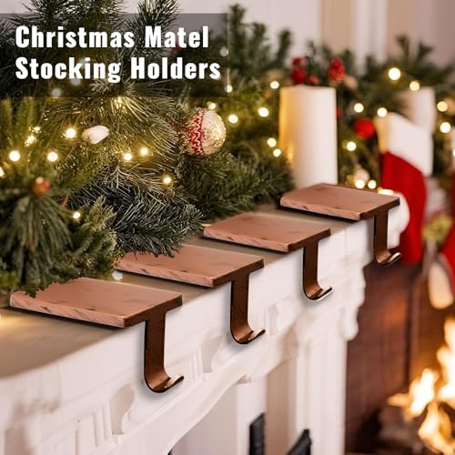 Btanadi 6 Pack Copper Metal Christmas Stocking Holders - Weighted Mantle Hangers with Non-Slip Pads