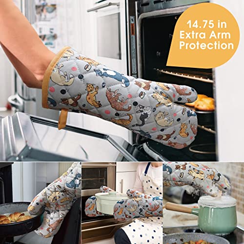 Extra-Long Cotton Oven Mitts, Heat Resistant Cat Print Kitchen Gloves